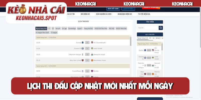 Lịch thi đấu cập nhật thông tin mới nhất mỗi ngày