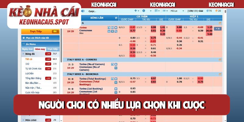 Người chơi có nhiều lựa chọn khi cược trong trận