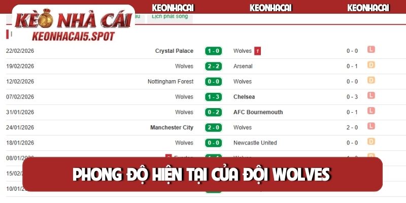 Phong độ hiện tại của đội Wolves
