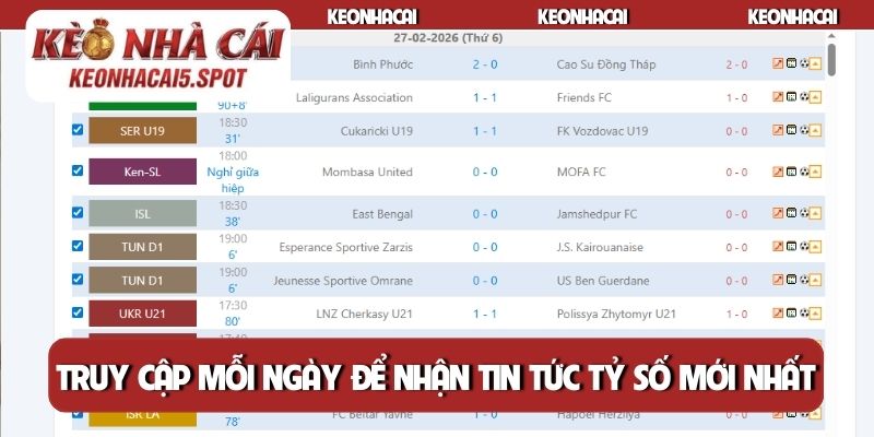 Truy cập mỗi ngày để nhận tin tức tỷ số mới nhất
